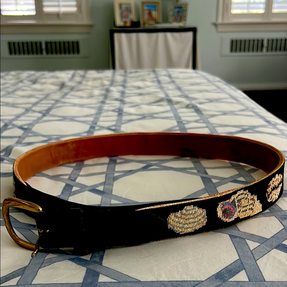Like New- custom Black Needlepoint Belt with shell print